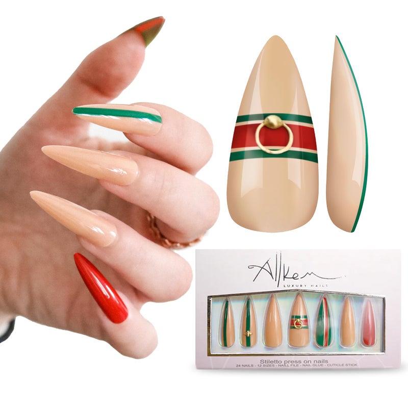 Allkem Bee Stripe Sculpted Stiletto Press on Nails | Glossy Extra Long Stiletto| 10 sizes - 20 pcs Nail kit with Glue - Image 1